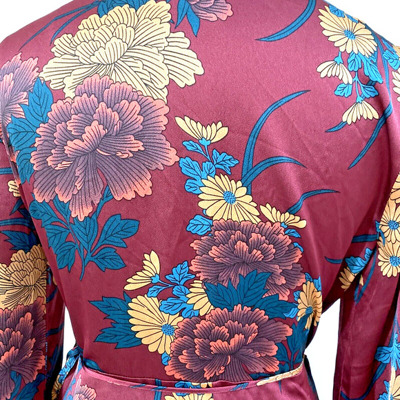 Lulus Size M Long Sleeve Silky True Wrap Dress Burgundy Teal Gold Floral Boho - Picture 6 of 9
